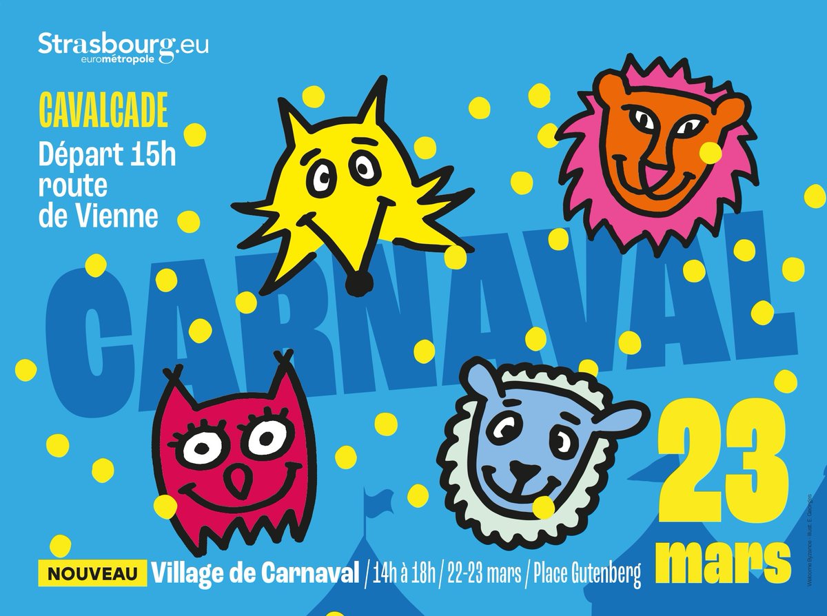 🤩 Rejoignez-nous pour le Carnaval de Strasbourg 2025 ! 

🥳 Participez à la Grande Cavalcade, dimanche 23 mars à 15h00, départ depuis la Route de Vienne devant la Cité de la Musique et de la Danse. Parcours de 2,1 km à travers le centre-ville
strasbourg.eu/-/carnaval-de-…
#Strasbourg
