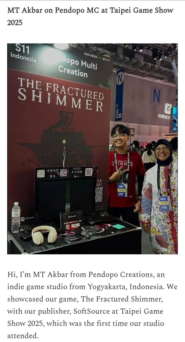 Sarah Johana ๐ธ๐ฑ (@sarahhana) on Twitter photo Friends in and from Southeast Asia! ๐
If you're subscribing to the SEA Game Dev Collective Digest, we now have a new section in the newsletter where we feature YOUR story!
Last month, we had <a href="/PendopoStudio/">Pendopo Creations</a> sharing their first-time experience showcasing at Taipei Game Show! Friends in and from Southeast Asia! ๐
If you're subscribing to the SEA Game Dev Collective Digest, we now have a new section in the newsletter where we feature YOUR story!
Last month, we had <a href="/PendopoStudio/">Pendopo Creations</a> sharing their first-time experience showcasing at Taipei Game Show!