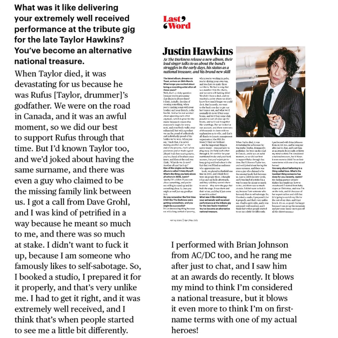 Foo Fighters Archive (@fooarchive) on Twitter photo In the new issue of Rolling Stone UK <a href="/JustinHawkins/">Justin Hawkins</a> of <a href="/thedarkness/">The Darkness</a> takes ‘The Last Word’ and talks about his preparation for the Taylor Hawkins tribute concerts. In the new issue of Rolling Stone UK <a href="/JustinHawkins/">Justin Hawkins</a> of <a href="/thedarkness/">The Darkness</a> takes ‘The Last Word’ and talks about his preparation for the Taylor Hawkins tribute concerts.