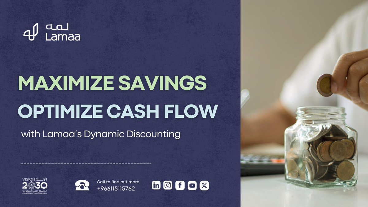 lamaafintech's tweet photo. Boost your cash flow and save more with Lamaa’s dynamic discounting!
#business #lamaa #sme #smes #fintech #riyadh #vision2030 #saudiarabia #growth #empoweringbusinesses #profits https://t.co/DhcDJL5Wlb