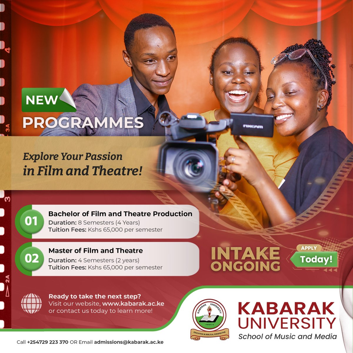 <a href="/kabarak_smm/">Kabarak University, School of Music and Media</a> invites applications for the May 2025 

🔗 Master of Film and Theatre: kabarak.ac.ke/programme/mast…
🔗 Bachelor of Film and Theatre Production: kabarak.ac.ke/programme/bach…

📞 020 211 4658
💬 WhatsApp 0717 883 884
📩 admissions@kabarak.ac.ke