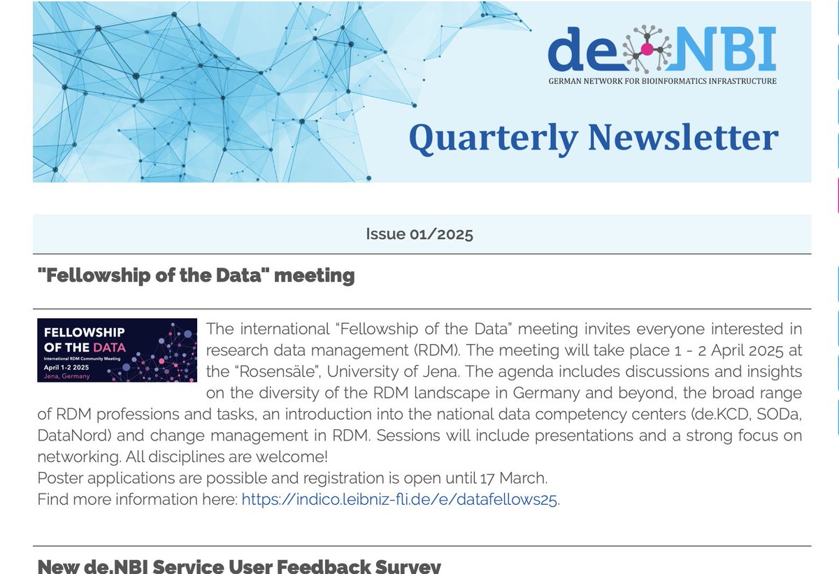 Next <a href="/denbiOffice/">de.NBI / ELIXIR-DE</a>  #newsletter is out now! Main topics:
- "Fellowship of the Data" meeting
- New de.NBI Service User Feedback Survey
- Our New Social Media Presences on <a href="/bluesky/">Bluesky</a> and <a href="/joinmastodon/">Mastodon (@Mastodon@mastodon.social)</a> 
...and much more!
Check denbi.de/newsletter