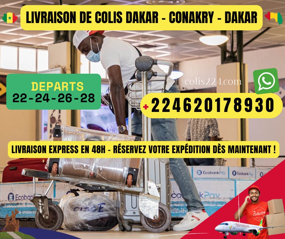 colis224's tweet photo. 📦 Livraison Dakar - Conakry - Dakar en 48H ! ✈️
Départs 📅 : 22 - 24 - 26 - 28
✅ Service fiable &amp; rapide
✅ Tarifs compétitifs
📞 WhatsApp : +224 620 17 89 30
 Réservez maintenant ! 🚀
#LivraisonExpress #Colis224 #Dakar #Conakry https://t.co/QOdR3YDrRi