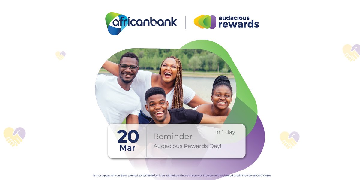 AfricanBank's tweet photo. It’s #AudaciousRewardsDay!
Just in time to help you double the value on your shopping for tomorrow’s Human Rights Day celebrations!
Earn double points when you use your African Bank card today, 20 March, to pay for gifts and get-together essentials.
Not a member? Join for FREE on the African Bank app or dial *120*225#
Learn more about Audacious Rewards:
https://t.co/ssoBM2T59K
#AudaciousRewards #RewardsYouCanCount #AfricanBank #AudacityToBelieve
Ts and Cs apply. African Bank Limited 2014/176899/06, is an authorised FSP and registered Credit Provider (NCRCP7638)