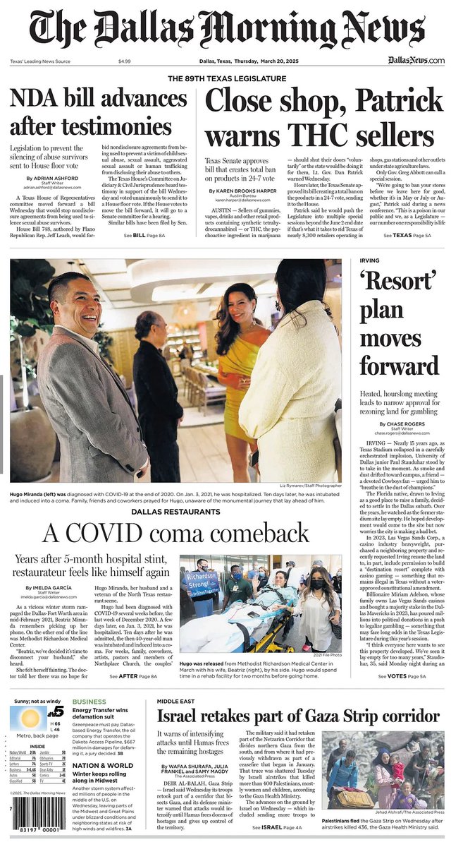 𝙵𝚛𝚘𝚗𝚝 𝙿𝚊𝚐𝚎𝚜 𝚃𝚘𝚍𝚊𝚢 📰 (@ukpapers) on Twitter photo 🇺🇸 A Covid Coma Comeback
▫Hugo Miranda was hospitalized for five months with COVID-19. The years since have involved struggle and resilience
▫<a href="/imegarcia/">ImeldaGarcía🌟</a>
▫is.gd/j3wA5e
#frontpagestoday #USA <a href="/dallasnews/">Dallas Morning News</a> 🇺🇸 🇺🇸 A Covid Coma Comeback
▫Hugo Miranda was hospitalized for five months with COVID-19. The years since have involved struggle and resilience
▫<a href="/imegarcia/">ImeldaGarcía🌟</a>
▫is.gd/j3wA5e
#frontpagestoday #USA <a href="/dallasnews/">Dallas Morning News</a> 🇺🇸