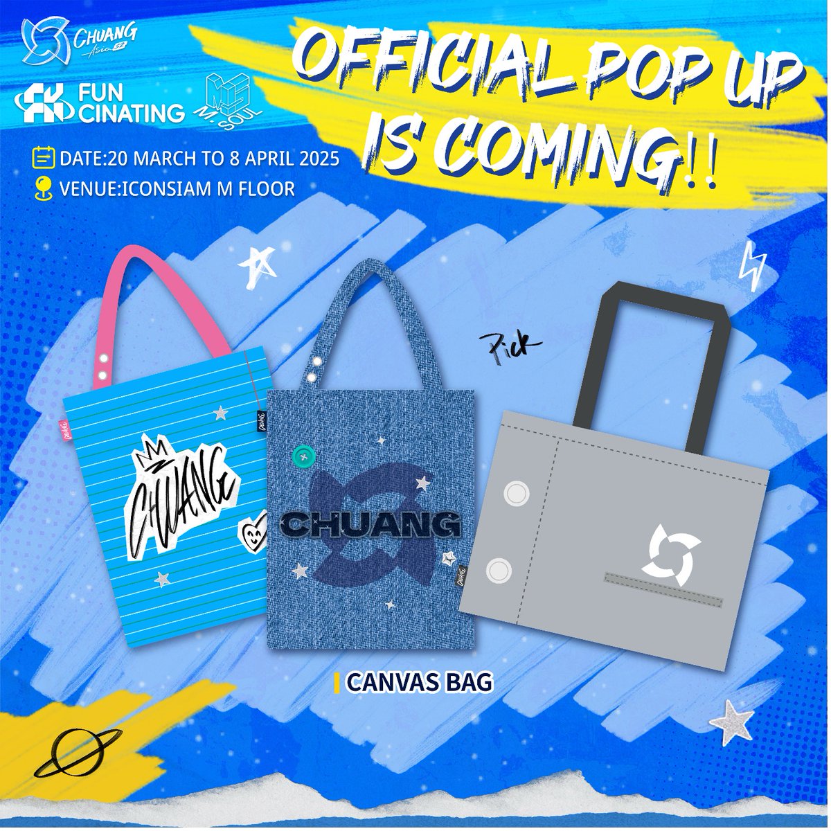 CHUANGASIA's tweet photo. ALL CHUANG fans, are you ready for an array of Official Licensed Merchandises? 🎉✨

We are thrilled to announce our collaboration with FUNCINATING, Model Soul, and JOOX to host the first offline POP-UP sales event for CHUANG Asia S2 at ICONSIAM! 🛍️🔥

📅 Date: 20 March 2025 - 8 April 2025
📍 Venue: M Floor, ICONSIAM

P.S. 👀 Stay tuned for exciting news about exclusive POP-UP appearances by your favorite trainees! 😉💙

#CHUANGAsiaS2 #CHUANGAsia