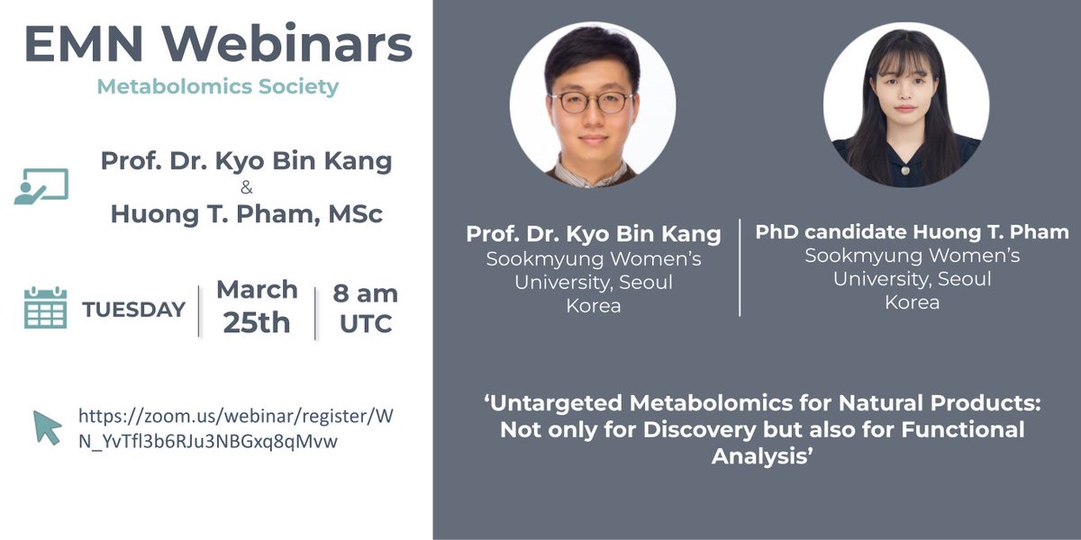 EMN Metabolomics Society (@emn_metsoc) on Twitter photo 📢 EMN Metabolomics Webinar!
Join us Tues 25 March (8:00 UTC)
“Untargeted Metabolomics for Natural Products: Not only Discovery but Functional Analysis” 🌿
Feat. <a href="/kyobinkang/">Kang, Kyo Bin</a> & Huong T. Pham (Sookmyung Women’s Univ, Korea)
👉 Free reg: tinyurl.com/38a67phb
See you there!👋 📢 EMN Metabolomics Webinar!
Join us Tues 25 March (8:00 UTC)
“Untargeted Metabolomics for Natural Products: Not only Discovery but Functional Analysis” 🌿
Feat. <a href="/kyobinkang/">Kang, Kyo Bin</a> & Huong T. Pham (Sookmyung Women’s Univ, Korea)
👉 Free reg: tinyurl.com/38a67phb
See you there!👋