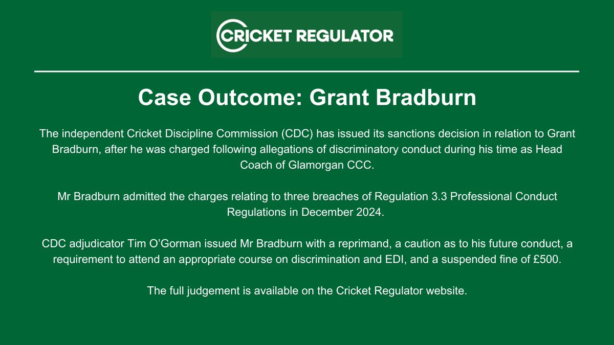 Case outcome: Grant Bradburn

cricketregulator.co.uk/news/4235583/c…