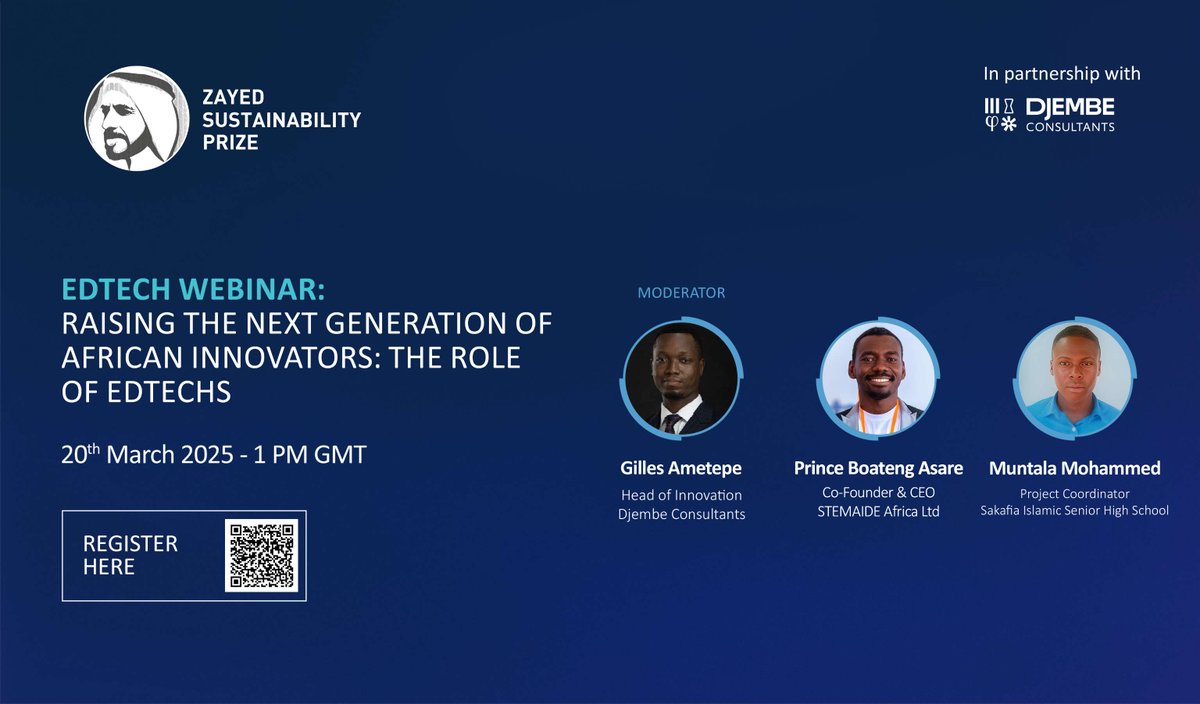 📣 Happening Soon!

In approximately 3 hours, we’ll be LIVE, discussing the role of EdTech in empowering #Africa’s youth. Ready to be inspired?

📖 Be part of it: us06web.zoom.us/webinar/regist…

#EdTechForAfrica #ZayedSustainabilityPrize #PowerOfProgress #Djembe #Impact