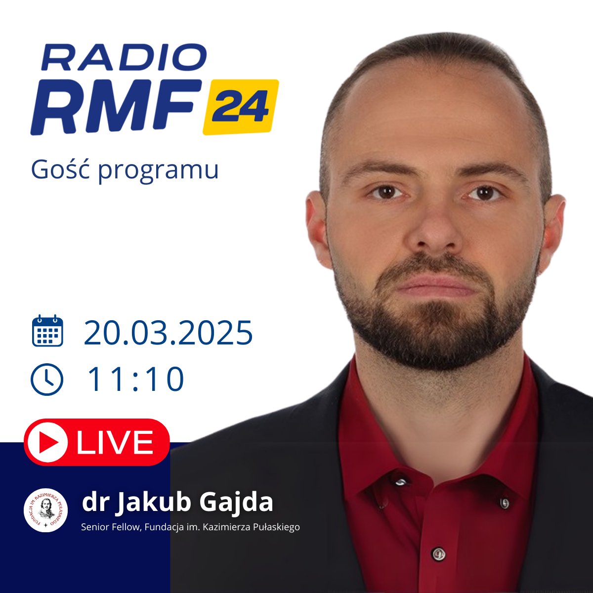 FundPulaskiego's tweet photo. 🕚 Już dziś o 11:10 dr @JakubGGajda skomentuje obecną sytuację międzynarodową wokół Iranu w @Radio_RMF24 @RMF24pl. Rozmowę poprowadzi red. @tterlikowski.
Zapraszamy do słuchania! 👇
#Iran #RMF24 https://t.co/785OigC7f2