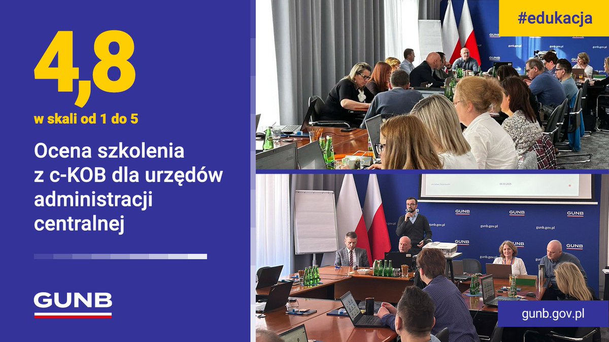 GUNB_Urzad's tweet photo. Uczestnicy ocenili szkolenia z #cKOB dla urzędów administracji centralnej na 4,8 w skali od 1 do 5. Z kolei jego przydatność z punktu widzenia ich pracy na 4,8.
Dziękujmy uczestnikom za udział i ocenę!
Szkolenia zorganizowaliśmy razem z Dep. Służby Cywilnej KPRM. https://t.co/mIMMDHqoDm