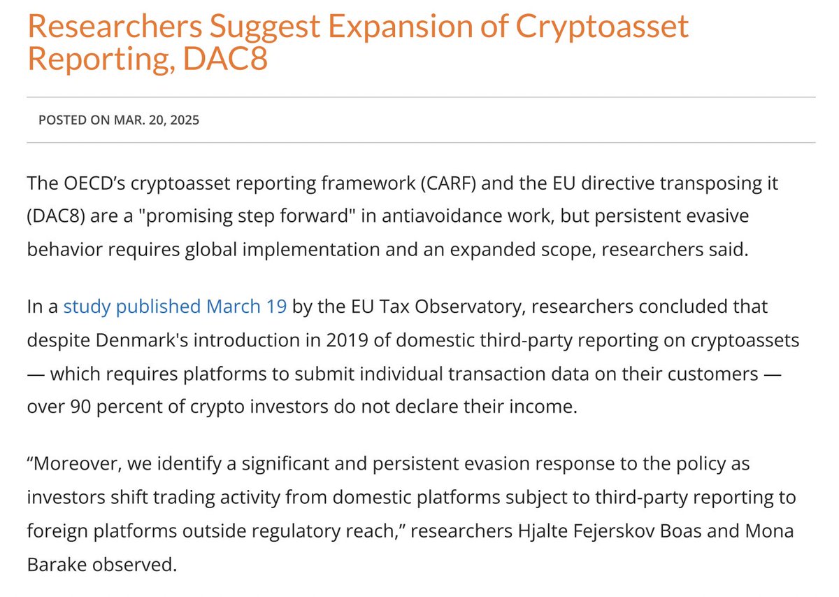 🔍New research finds that despite stricter rules in Denmark 🇩🇰, over 90%  of crypto investors fail to declare income! Domestic enforcement alone has  limited effectiveness—global coordination is key to tackling crypto tax