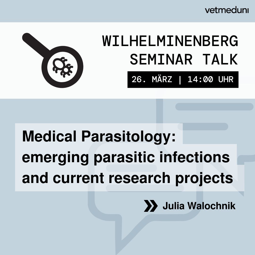 Vetmeduni (@vetmedunivienna) on Twitter photo Nächster #WilhelminenbergSeminarTalk: 26.3. | 14:00 Uhr mit Julia Walochnik/<a href="/MedUni_Wien/">MedUni Wien</a>🧫
📍<a href="/FIWIvienna/">FIWI Vienna</a>, 1160 Wien oder online
→ vetmeduni.ac.at/fiwi/seminar-a…
📢 Tipp für Studierende: Die Teilnahme kann als Wahlfach anerkannt werden! (KV 128 804) Nächster #WilhelminenbergSeminarTalk: 26.3. | 14:00 Uhr mit Julia Walochnik/<a href="/MedUni_Wien/">MedUni Wien</a>🧫
📍<a href="/FIWIvienna/">FIWI Vienna</a>, 1160 Wien oder online
→ vetmeduni.ac.at/fiwi/seminar-a…
📢 Tipp für Studierende: Die Teilnahme kann als Wahlfach anerkannt werden! (KV 128 804)