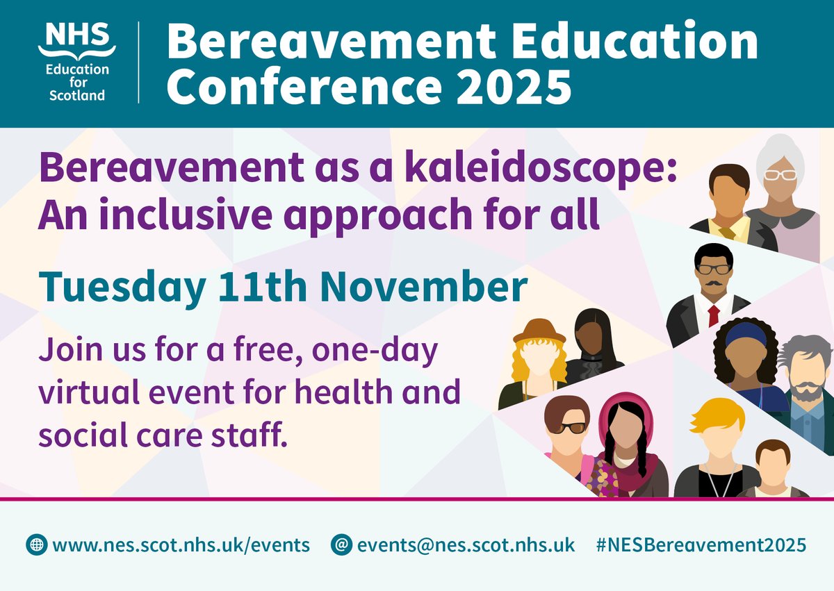 NES Bereavement (@nes_bereavement) on Twitter photo 📢Delighted to confirm the date of <a href="/NHS_Education/">NHS Education for Scotland (NES)</a>'s 2025 Bereavement Conference: Tues 11th Nov
A free virtual event for health & social care staff
Ahead of programme, abstract & registration info being available, email Events@nes.scot.nhs.uk to stay informed #NESBereavement2025 📢Delighted to confirm the date of <a href="/NHS_Education/">NHS Education for Scotland (NES)</a>'s 2025 Bereavement Conference: Tues 11th Nov
A free virtual event for health & social care staff
Ahead of programme, abstract & registration info being available, email Events@nes.scot.nhs.uk to stay informed #NESBereavement2025
