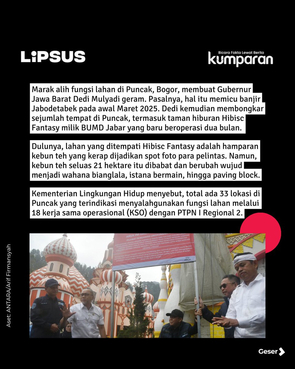 kumparan's tweet photo. Hamparan kebun teh dekat Agrowisata Gunung Mas berubah wujud jadi wahana bianglala, istana bermain, hingga paving block, sebelum akhirnya disegel dan dibongkar kembali atas perintah Gubernur Jawa Barat Dedi Mulyadi.
#kumparanplus #lipsus #petakadipuncak #timlipsus #carousel #collab #banjirbandang #bencanaalam #puncak #bogor #bekasi #jabodetabek #info #infoterkini #berita #beritaterkini #bicarafaktalewatberita #kumparan