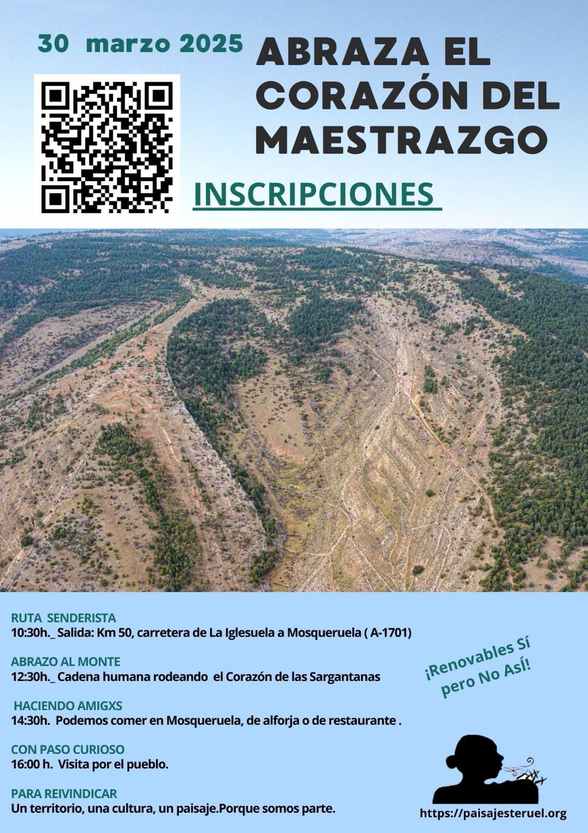 ‼️Important

▶️El pròxim 30 març <a href="/paisajes_teruel/">Plataforma a favor de los paisajes de Teruel</a> organitza aquesta acció reivindicativa per visibilitzar la seua oposició al projecte Clúster Maestrazgo i ficar en valor el patrimoni natural de la comarca enfront el colonialisme energètic

🌱Sumem-nos👇
paisajesteruel.org/abraza-el-cora…