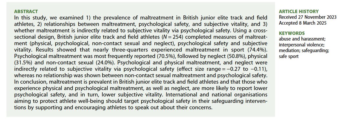 phil_hurst1's tweet image. Amazing to see our paper published!
Athletes experiencing maltreatment are less likely to feel psychologically safe, and in turn have lower wellbeing
Our results highlight the importance of creating psychologically safe environments
Free to access here: tandfonline.com/doi/epdf/10.10…