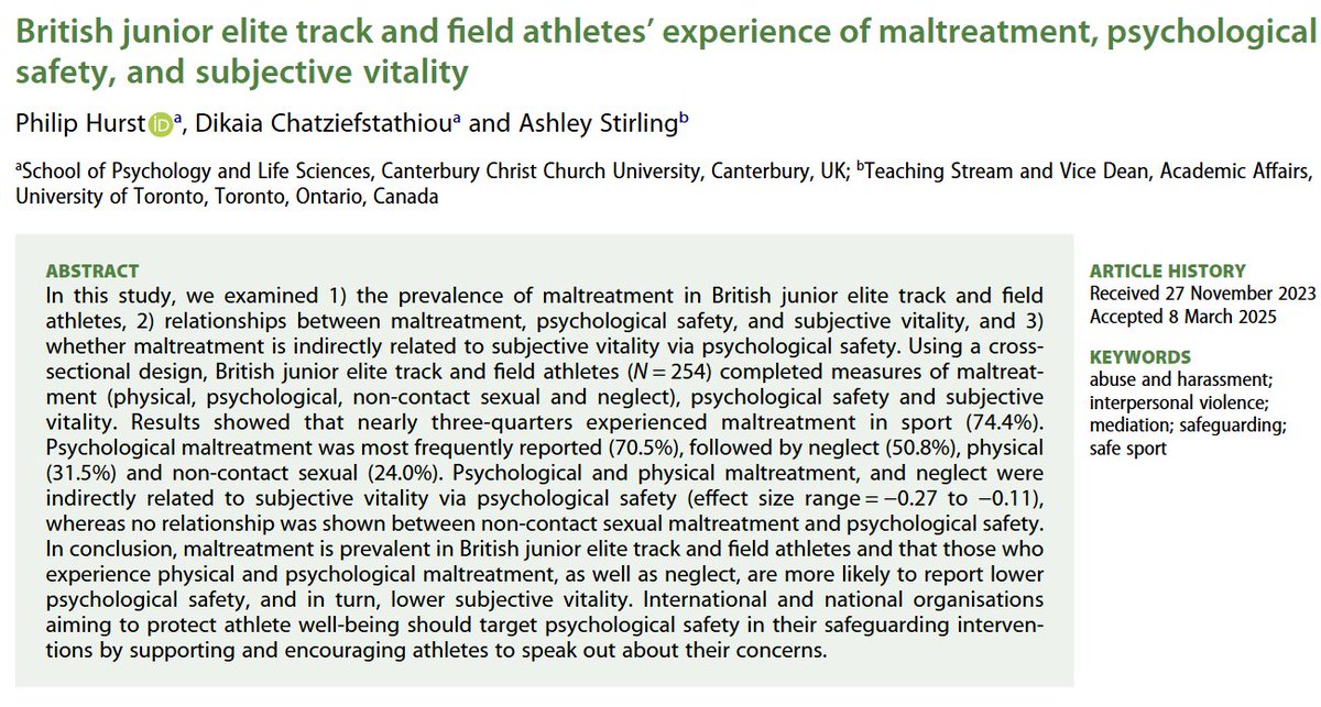 phil_hurst1's tweet image. Amazing to see our paper published!
Athletes experiencing maltreatment are less likely to feel psychologically safe, and in turn have lower wellbeing
Our results highlight the importance of creating psychologically safe environments
Free to access here: tandfonline.com/doi/epdf/10.10…