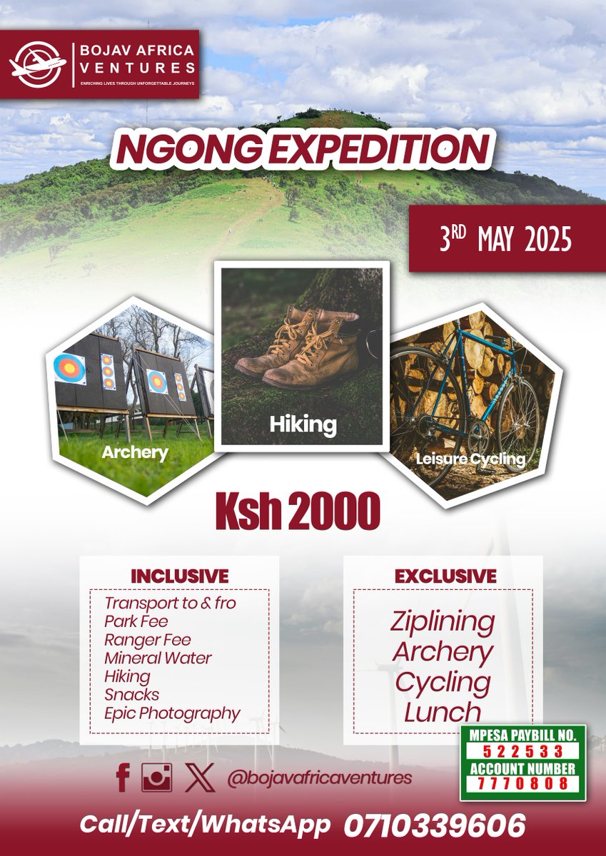 bojavafrica's tweet image. Ngong hills expedition
Hey everybody! Ever had the chance to visit Ngong Hills? It&apos;s quite an adventure! Secure your slot now. 🌄🌲🌳 #NgongHillsExperience 🥾👍 bojavventures.co.ke