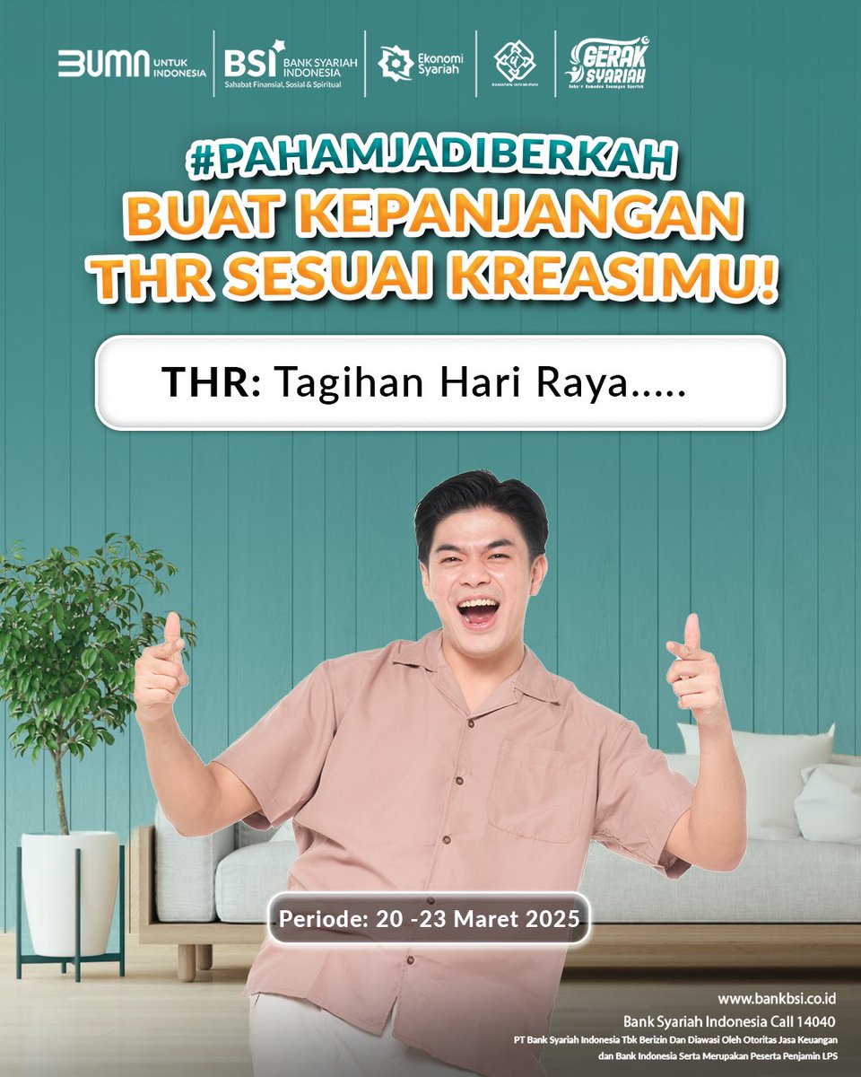 Assalamu’alaikum, Sahabat Syariah!

Buat kepanjangan THR versi kreatifmu dan tulis di kolom komentar. Jawaban yang paling kreatif akan
memenangkan saldo e-wallet senilai 300K untuk masing-masing pemenang kuis #PahamJadiBerkah.

Jangan lupa untuk ikuti persyaratannya:
1. WAJIB