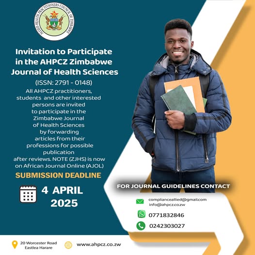 All researchers are invited to feed into the body of knowledge and create research based environment that aids health practitioners to have custom made solutions for #zimbabwean challenges.
To read the last issue ZJHS Volume 4 Issue 2, visit ahpcz.co.zw/journals/