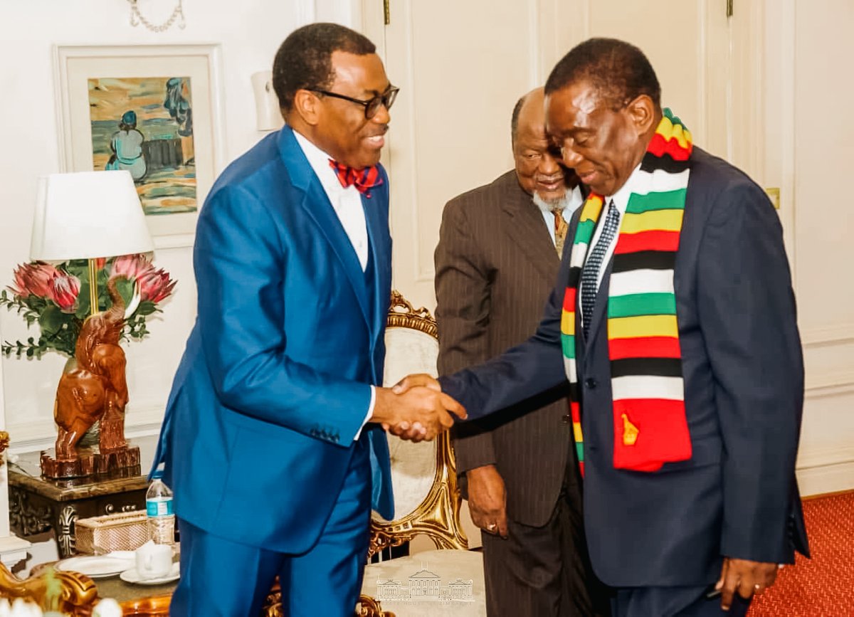 edmnangagwa's tweet image. Honoured to receive Former Mozambican President Joaquim Chissano &amp;amp; AfDB President Dr. Akinwumi Adesina at State House. We discussed Zimbabwe’s Arrears Clearance &amp;amp; Debt Resolution Process, a key step towards economic stability. 
#Zimbabwe #AfDB #DebtResolution