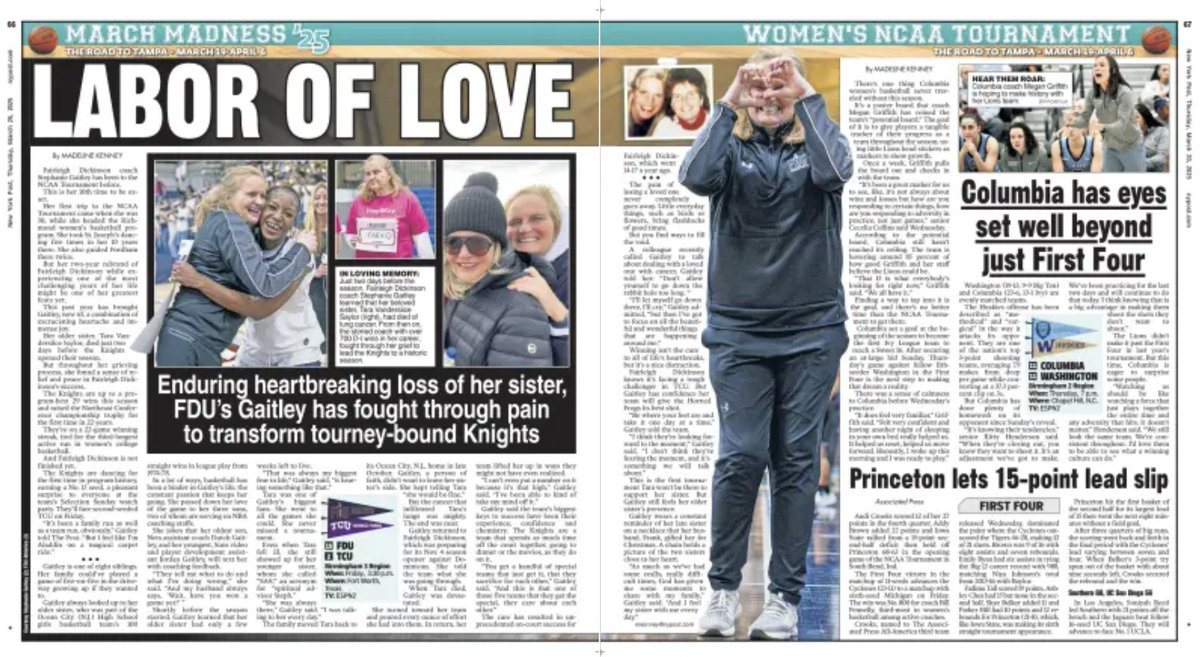 Madeline Kenney (@madkenney) on Twitter photo Today's <a href="/nypostsports/">New York Post Sports</a>
A story on how Fairleigh Dickinson's historic season has helped coach Stephanie Gaitley find joy after tragedy
Plus a look at Columbia's matchup with Washington. Game is tonight at 7 p.m. ET Today's <a href="/nypostsports/">New York Post Sports</a>
A story on how Fairleigh Dickinson's historic season has helped coach Stephanie Gaitley find joy after tragedy
Plus a look at Columbia's matchup with Washington. Game is tonight at 7 p.m. ET