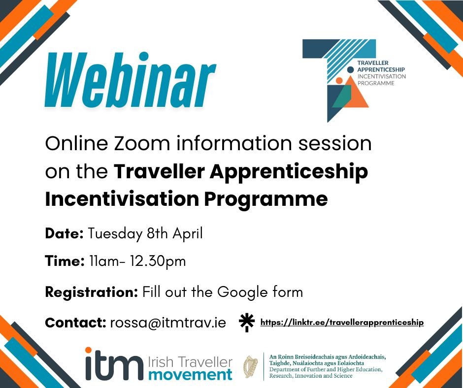 Lee Anna Ward (@leeanna64056981) on Twitter photo The webinar is aimed at <a href="/itmtrav/">Irish Traveller Movement</a> members, individual Travellers seeking apprenticeships or stakeholders who support Travellers. we will give an overview of our work & success in 2024. & provide info on how Travellers can avail of grants available.
lnkd.in/eT3rvp3M 😊 The webinar is aimed at <a href="/itmtrav/">Irish Traveller Movement</a> members, individual Travellers seeking apprenticeships or stakeholders who support Travellers. we will give an overview of our work & success in 2024. & provide info on how Travellers can avail of grants available.
lnkd.in/eT3rvp3M 😊