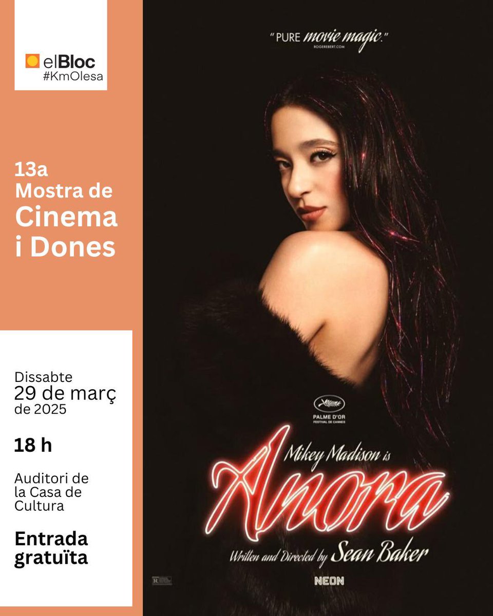 🎬 Torna el Cicle de Cinema i Dones!🎬  

El dissabte 29 de març reprenem el cicle amb la projecció d’Anora.

📅 Dissabte 29/03  
📍 Casa de Cultura  
⏰ 18:00 h  

No et perdis la pel·lícula guanyadora dels Oscar! 

 Entrada lliure!🎟  

T'hi esperem! 🙌  #Cultura #Anora #Olesa