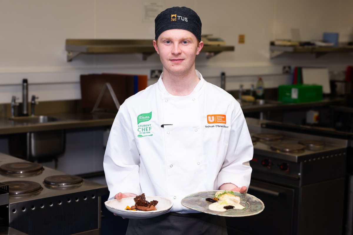 Congratulations to TUS's Yeshuah O'Brien Bayer who cooked up a storm to be crowned Knorr Professional Student Chef of the Year 2025.  
He is a second-year Culinary Entrepreneurship student at the Moylish campus.  
The event was hosted at TUS Athlone and saw ten students from