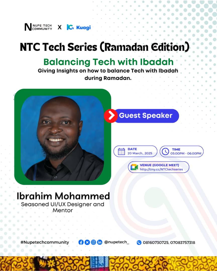 NupeTech_'s tweet photo. It's TODAY! ✨
We would be live by 5 PM! Don’t miss out on this important discussion on Balancing Tech with Ibadah.
If you're yet to register do it now.
https://t.co/tDXODMhuIR
See you at 5 PM! 🔥
#NupeTechCommunity
#Tech
#TechEcosystem https://t.co/UmDH7EXu66