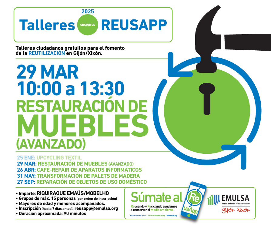 EMULSAGijon's tweet photo. Abiertas inscripciones gratuitas para el taller de fomento de la #reutilización y de la app #ReusApp de #EMULSA en #Gijón #Xixón Este taller de decoración partiendo de muebles viejos ya tratados con @riquirraque https://t.co/HJE52gmWHa