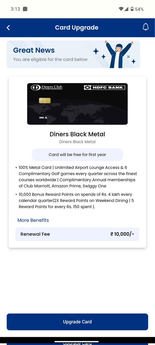 Again received an upgrade offer to Diners black metal from Diners black. Got the offer multiple times since the launch of the metal variant but still not giving up on temptation.
#ccgeek #hdfc #dinersblack