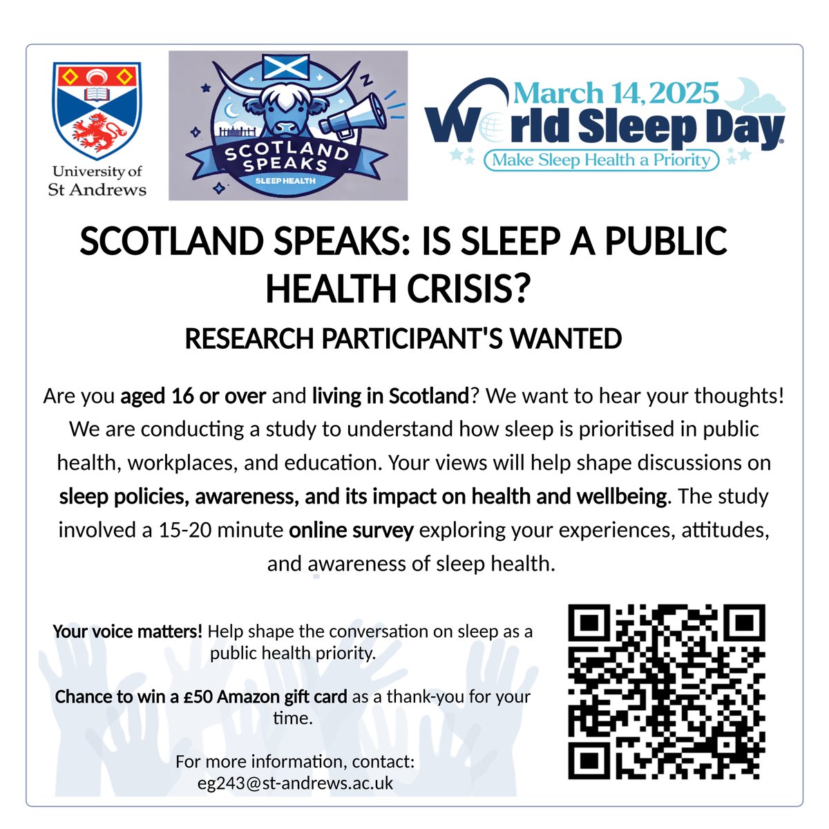 University of St Andrews (@univofstandrews) on Twitter photo March is Sleep Awareness Month and researchers from <a href="/StAndMedicine/">School of Medicine</a> are looking for your views on sleep health. Scan the code to take part in the survey.
#EverToExcel March is Sleep Awareness Month and researchers from <a href="/StAndMedicine/">School of Medicine</a> are looking for your views on sleep health. Scan the code to take part in the survey.
#EverToExcel