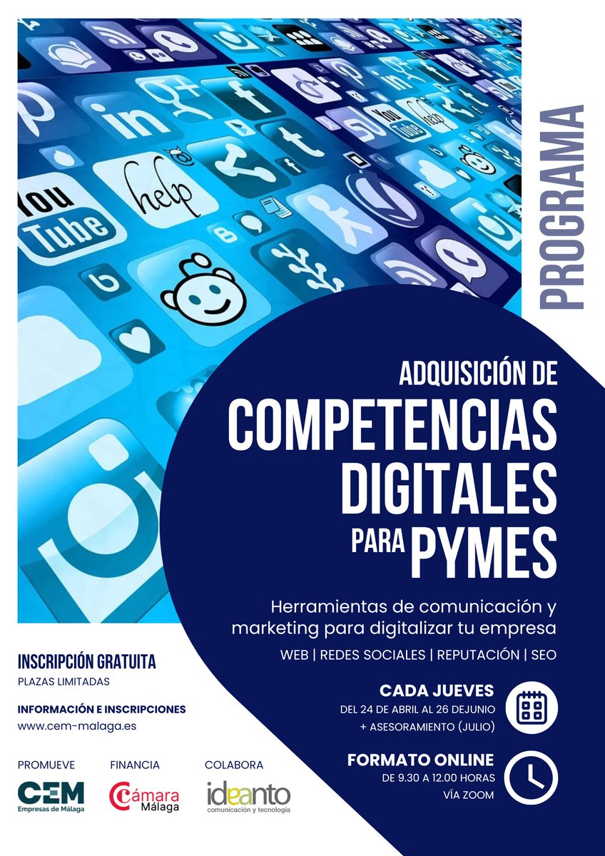 💡 #FormaciónCEM | Próximo programa: 'Adquisición de competencias digitales para #pymes', junto a <a href="/Camara_Malaga/">Cámara de Comercio de Málaga</a> con la colaboración de <a href="/Ideanto/">Ideanto Comunicación</a>.

📝 Inscripción gratuita. ¡Plazas limitadas!

➡️ Más información en bit.ly/4iGmGBe #EmpresasMLG