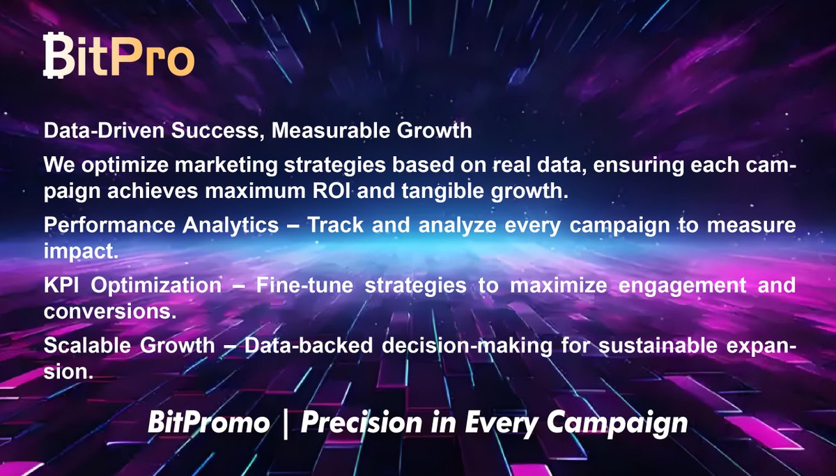 BitPromoWeb3's tweet image. 🚀 At BitPro, Every Market Campaign Matters!

We take every marketing push seriously, ensuring that every strategy is backed by real data and delivers measurable results. 📊💡

✅ Data-Driven Decisions
✅ Transparent &amp;amp; Trackable Growth 
✅ ROI You Can See &amp;amp; Calculate

#BitPro