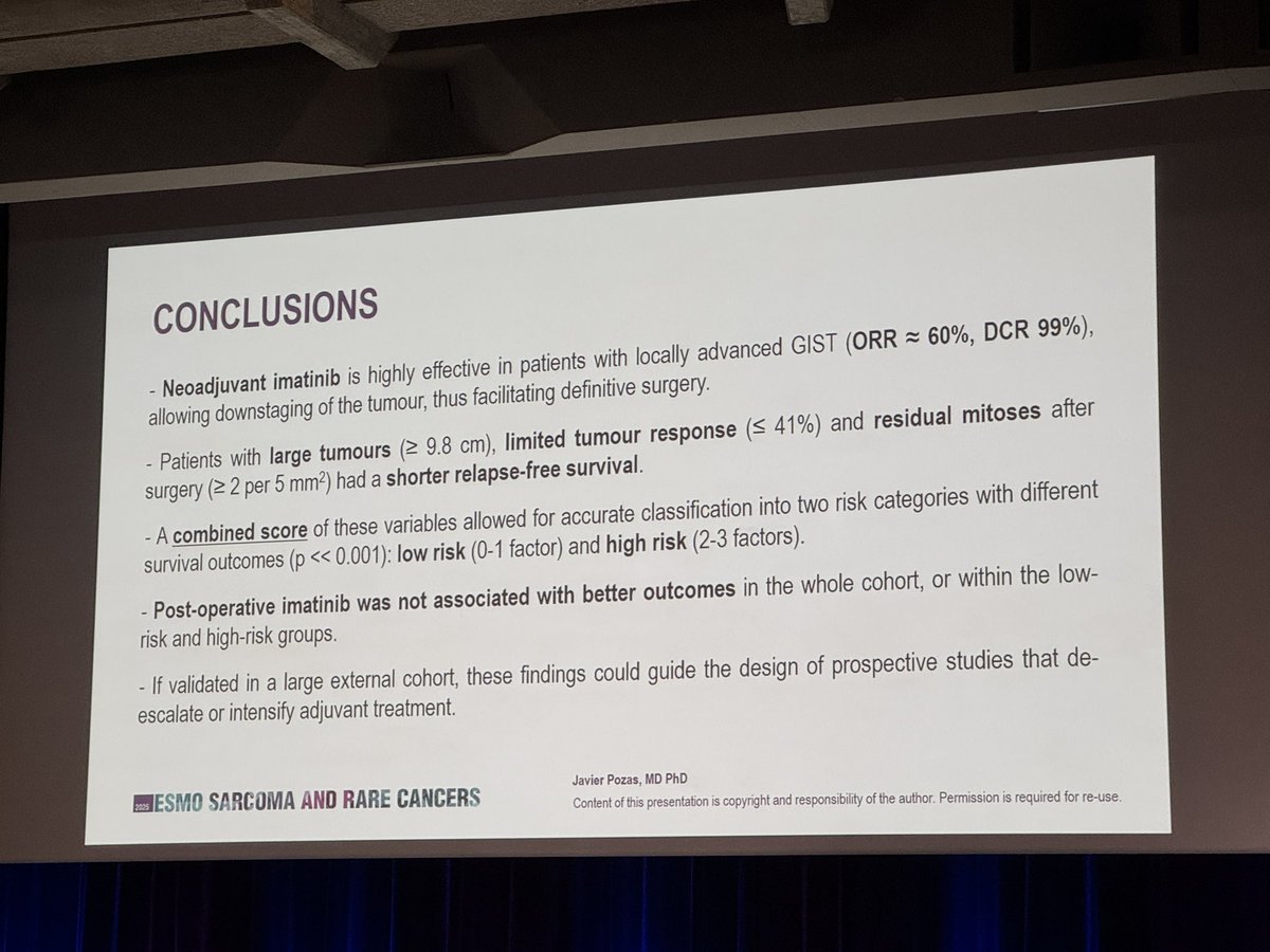 Pawel Sobczuk (@pawel_sobczuk) on Twitter photo Can we identify factors related to risk of recurrence after neoadjuvant imatinib in GIST?
- baseline tumor size, change on tx, mitotic index seems to identify high risk group
- surprising no benefit of adjuvant tx —> need further validation
<a href="/myESMO/">ESMO - Eur. Oncology</a> #ESMORareCancers25 Can we identify factors related to risk of recurrence after neoadjuvant imatinib in GIST?
- baseline tumor size, change on tx, mitotic index seems to identify high risk group
- surprising no benefit of adjuvant tx —> need further validation
<a href="/myESMO/">ESMO - Eur. Oncology</a> #ESMORareCancers25