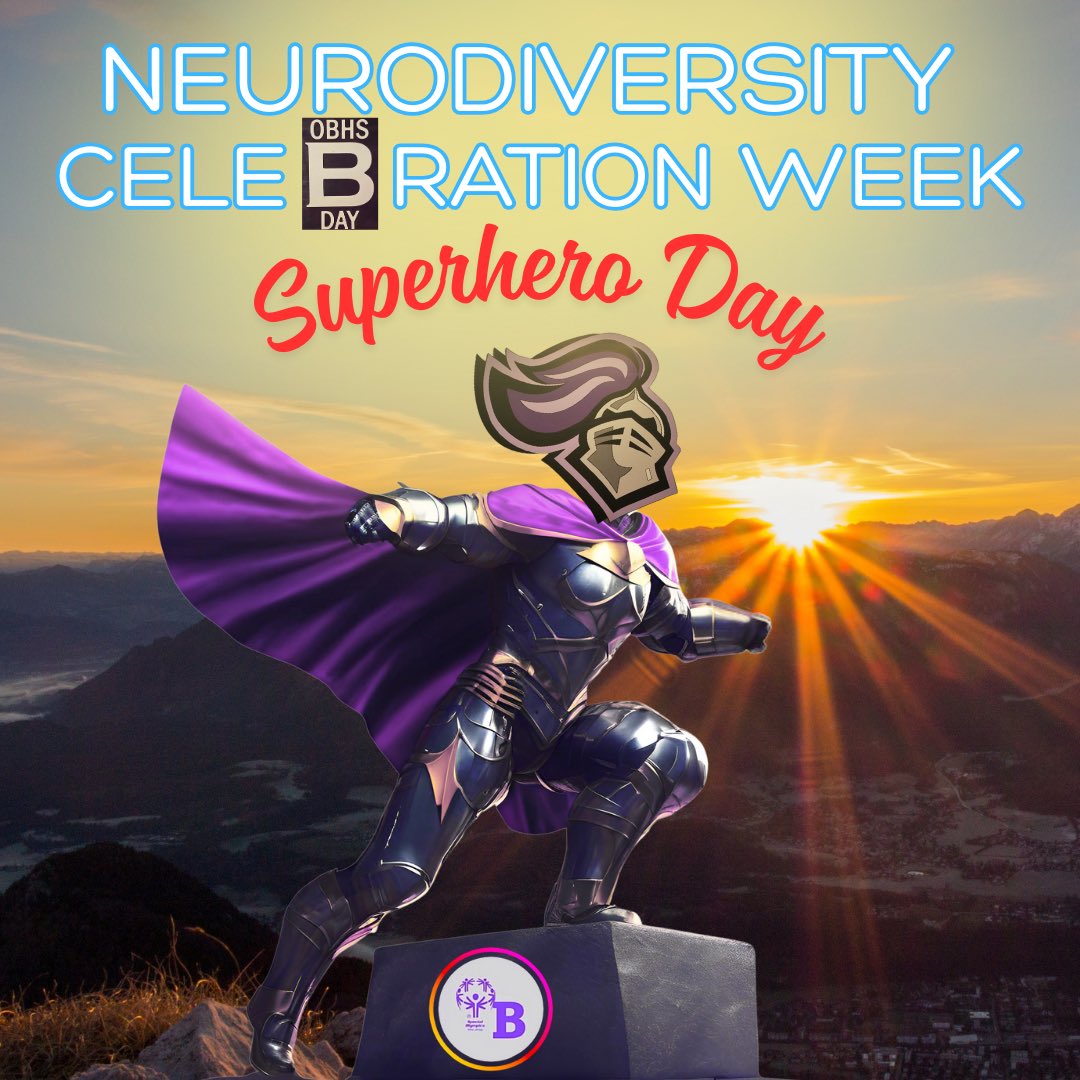 Good Morning, Knights! Time to suit up and celebrate Day 4 of Play Unified’s Neurodiversity Celebration Week with Superhero Day! Have a superfabulous B-Day! ✨💜🖤#GoKnights #BDay <a href="/obhs_announce/">OBHS Announcements</a> <a href="/FazioSally/">Mrs. Fazio 💜</a> <a href="/MsCinOB/">Ms. C</a>