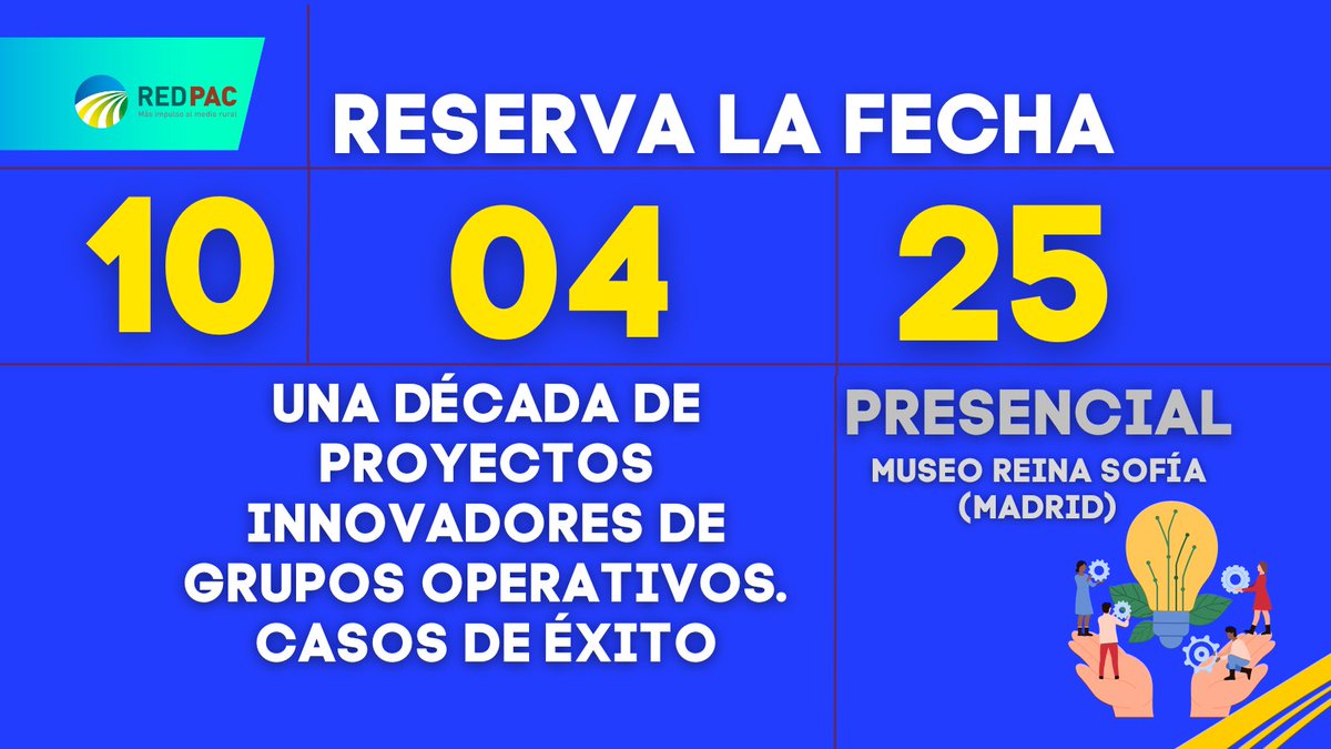 👩🏼‍🔬Desde hace 10 años, los #GruposOperativos trabajan para buscar soluciones a los retos rurales
🗓️¡Reserva la fecha! 
💥Jornada Red PAC: "Una década de Proyectos Innovadores de Grupos Operativos, Casos de Éxito" 
📍10/04/25 - Museo Reina Sofía #Madrid
✍🏼Registro próximamente