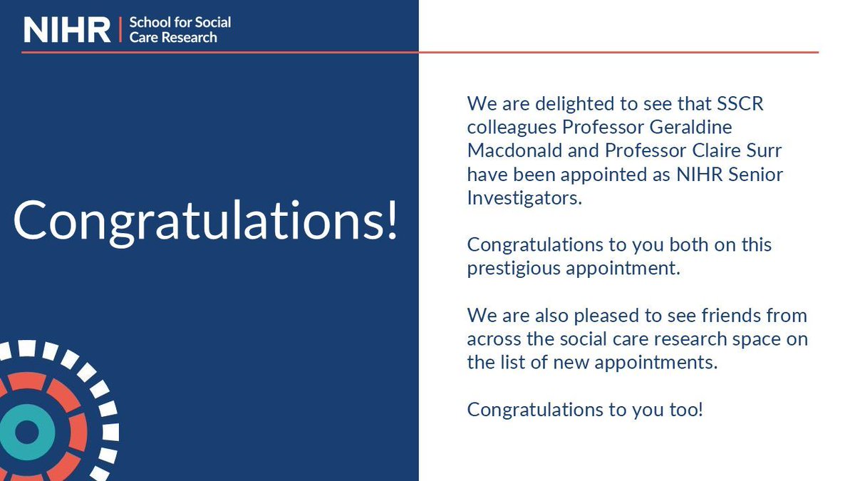 The NIHR have announced the latest cohort of NIHR Senior Investigators, featuring outstanding leaders from across social care and health research. We are delighted to see some familiar names on the list - congratulations! 

Read the full announcement: buff.ly/UyptaZ2
