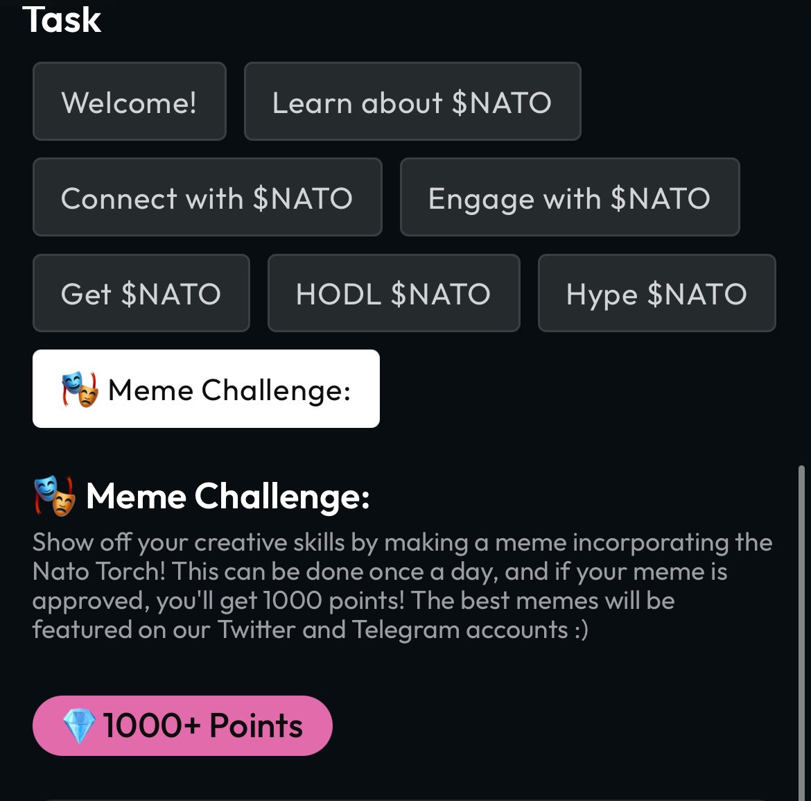 🔥 Daily Meme Challenge – Earn 1000 Points! 🔥

Get ready to unleash your creativity! 🎨💡

Create a meme featuring the NATO Torch, submit it daily, and earn 1000 points if approved! 💰 Plus, the best memes will be featured on our Twitter &amp; Telegram! 🎉

How to join:
✅ Make a