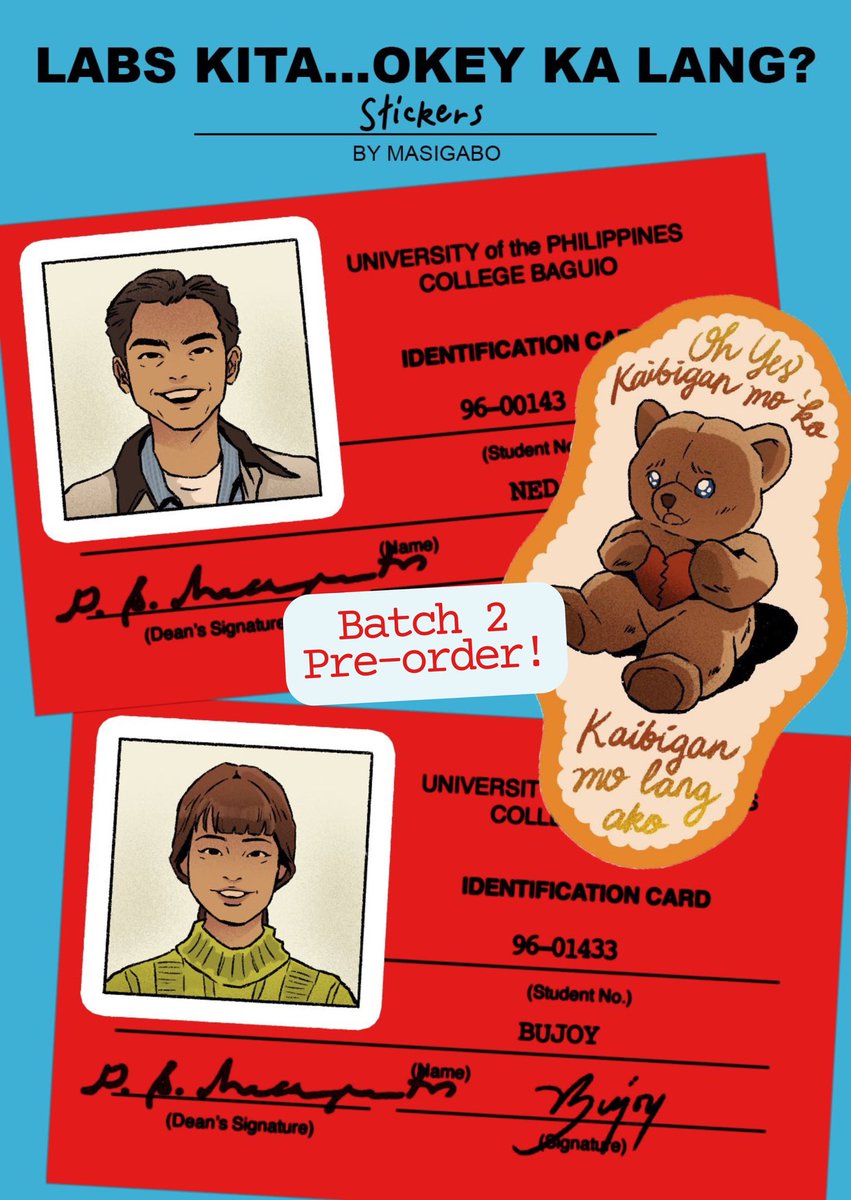 Oh yes!
Sa mga nakamiss nung unang pre-order o baka gusto lang bumili ulit ng Ned and Bujoy ID Stickers, pre-orders for Labs Kita...Okey Ka Lang? Stickers are open once again!
Pre-orders are open until March 23.
🛒 Pre-order here: https://t.co/S0NVEZZNph