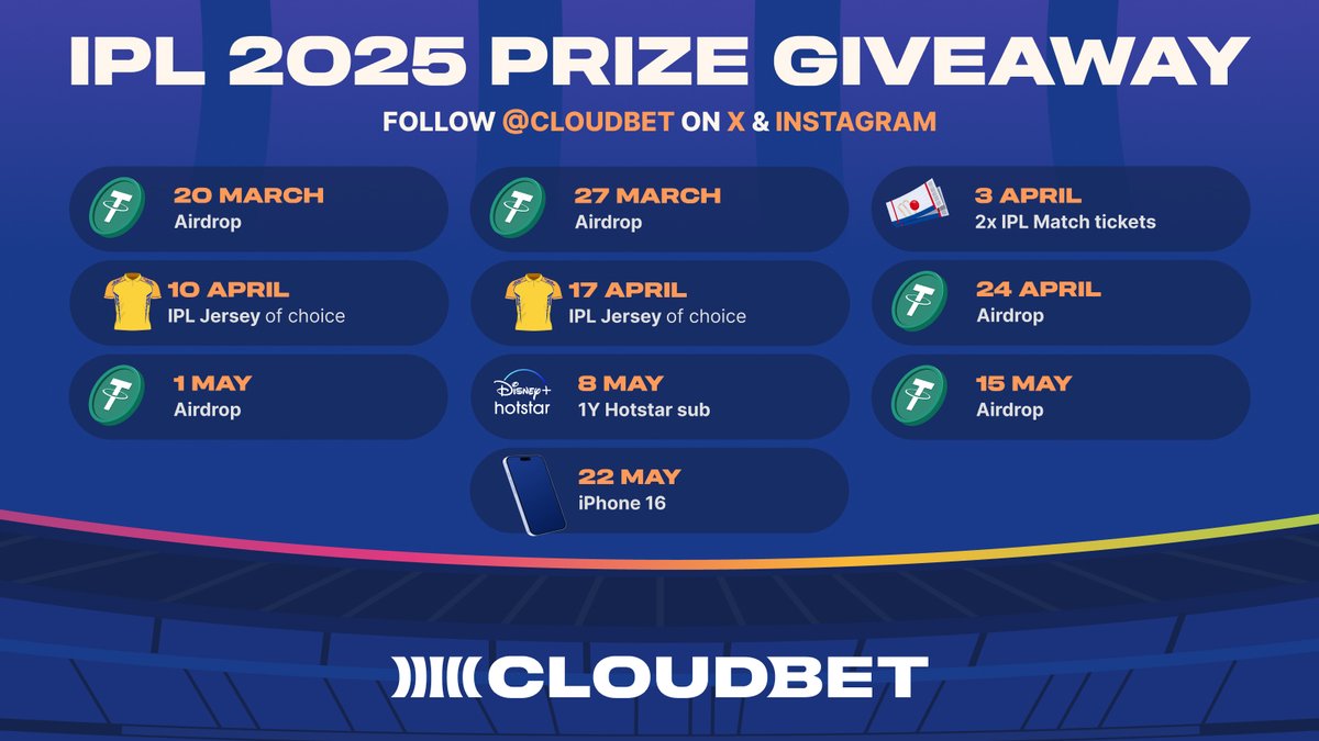 Cloudbet (@cloudbet) on Twitter photo The Indian Premier League is here and we're running campaigns all season long starting with this prize giveaway calendar! 
Like + Follow us + RT and one lucky follower will win a 50USDT airdrop to kick off the season. 
Stay tuned for an unbeatable IPL promo code launching The Indian Premier League is here and we're running campaigns all season long starting with this prize giveaway calendar! 
Like + Follow us + RT and one lucky follower will win a 50USDT airdrop to kick off the season. 
Stay tuned for an unbeatable IPL promo code launching