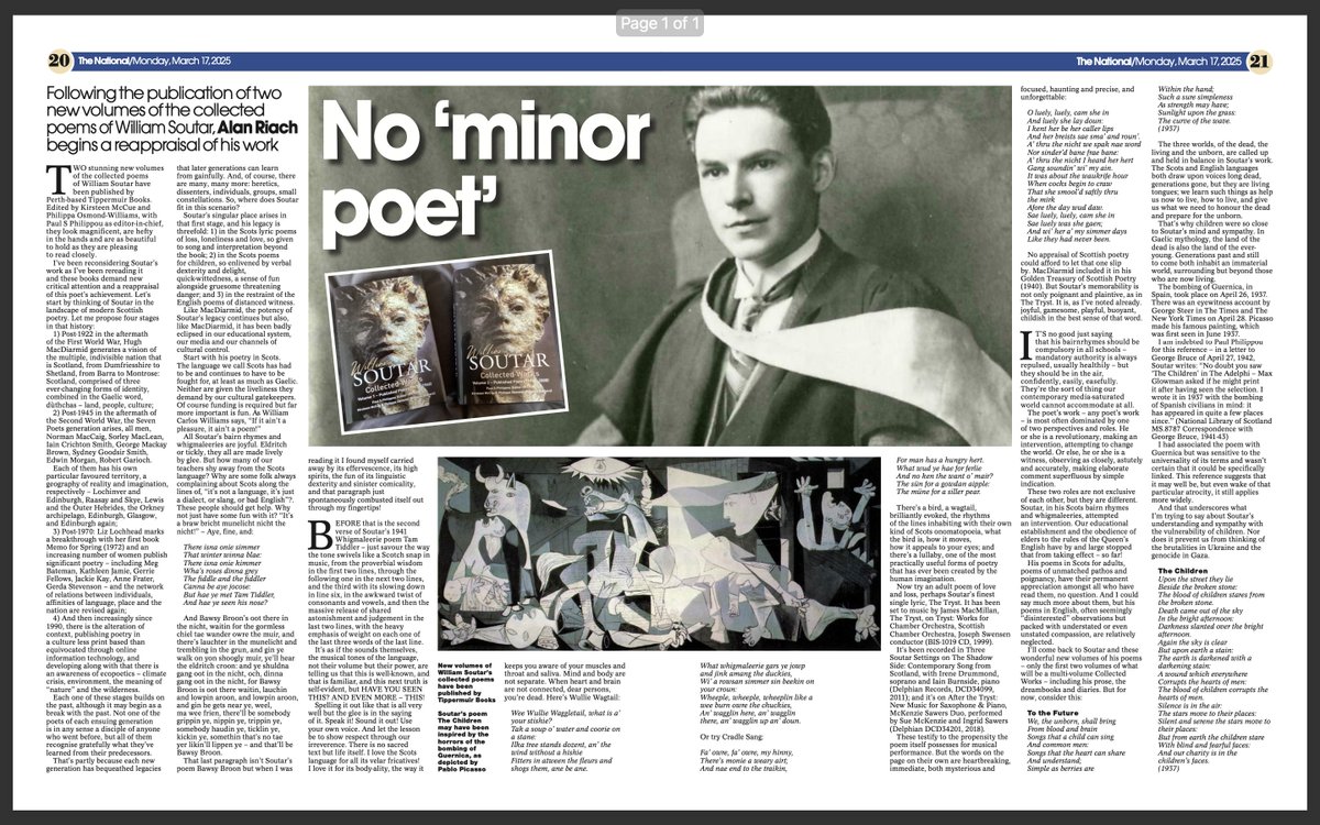 TippermuirBooks's tweet photo. A feature on the Collected Works of William Soutar Volumes 1-2 (Published Poetry) in The National by Alan Riach 'they look magnificent, are hefty in the hands &amp; are as beautiful to hold as they are pleasing to read closely' @ByLeavesWeLive @PoetrySociety #poetry #poetrycommunity https://t.co/daN2ujqt0p