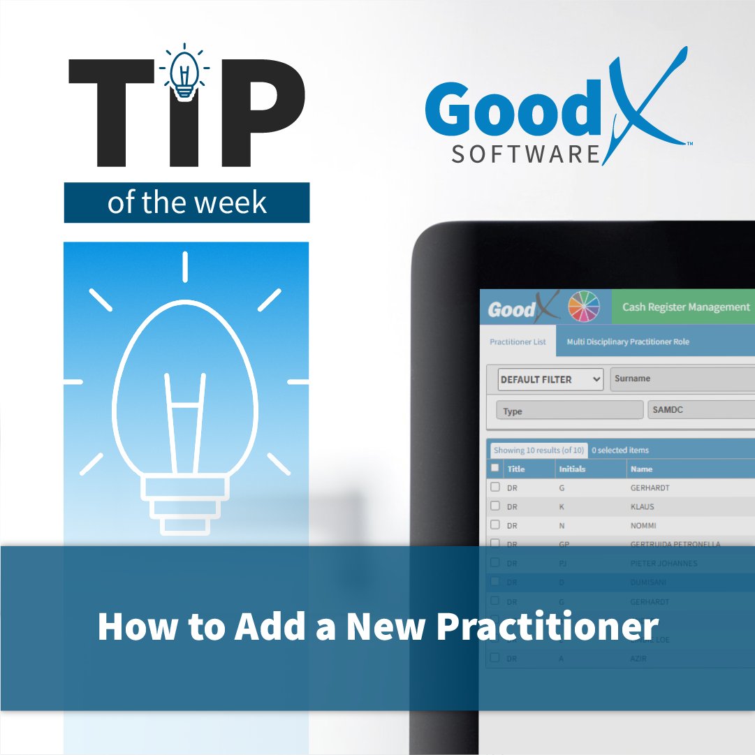 GoodXSoftware's tweet photo. ⭐ TIP OF THE WEEK ⭐

How to Add a New Practitioner

To learn how you can make use of this incredible feature, first log into our Learning Center:
https://t.co/RpZ7VGi22p

Then navigate to:
https://t.co/8KFV33OasE

#goodx #medical https://t.co/vwe44dTA6R