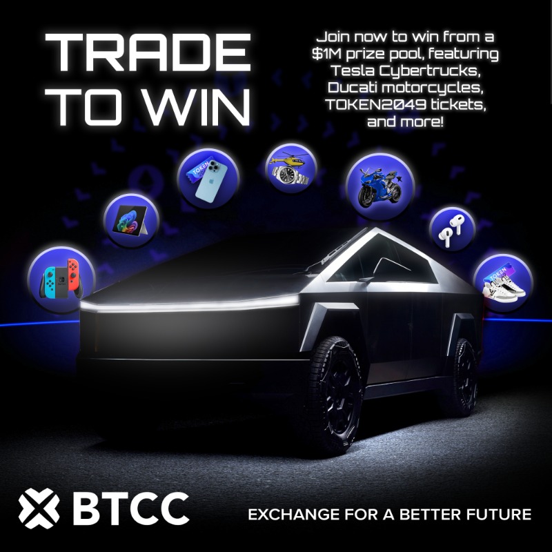 BTCCexchange's tweet photo. The final countdown to the #BTCCtradetowin campaign is on โ
Who will drive away with the Tesla #Cybertruck? ๐ฅ
#TOKEN2049
