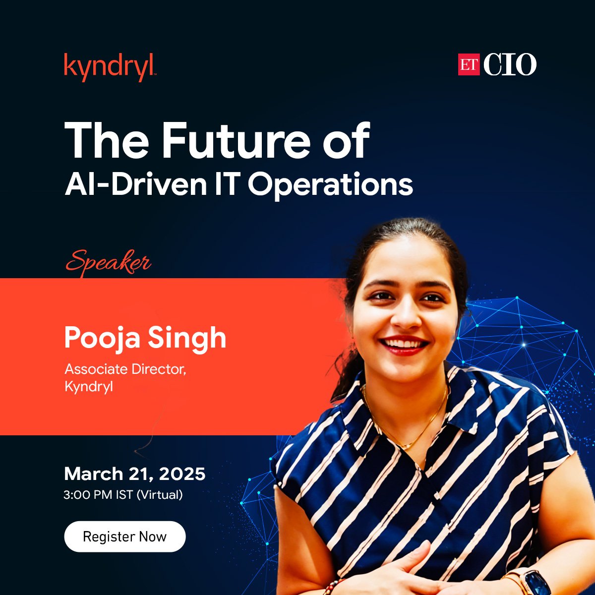 ET_CIO's tweet image. Gain insights from Pooja Singh, Associate Director at Kyndryl, as she shares expert perspectives on the next era of intelligent IT management

Don’t miss this opportunity to stay ahead in the AI-driven transformation of IT

Register Now: cio.economictimes.indiatimes.com/webinar/kyndry…

#AI #ITOperations