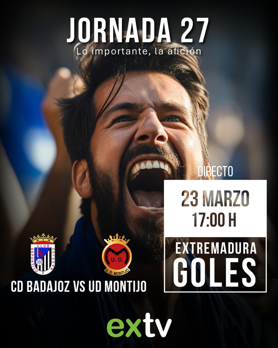 oficialextv's tweet photo. 🫵⚽ El @CDBadajoz recibe a la @udmontijo_ok en la #J27 de #3ªRFEF. Primer partido de los tres consecutivos en el Nuevo Vivero.

📆 23/03 | ⏰ 17h

📲 En 𝐚𝐛𝐢𝐞𝐫𝐭𝐨 y 𝐠𝐫𝐚𝐭𝐮𝐢𝐭𝐨 con nuestra APP TV o APP Móvil (iOS/Android):
👉🔗 https://t.co/FEYtUiJJQu

#CDB ✘ #EXTV https://t.co/7yMvtv9RzK