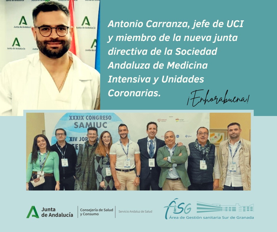 🥼Hoy queremos felicitar a Antonio Carranza, jefe de la Unidad de Cuidados Intensivos del Hospital de Motril y miembro de la nueva junta directiva de la Sociedad Andaluza de Medicina Intensiva y Unidades Coronarias SAMUIC. 
¡Enhorabuena! <a href="/saludand/">Consejería de Salud y Consumo</a>  <a href="/semicyuc/">SEMICYUC</a> <a href="/samiuc_uci/">SAMIUC</a>
