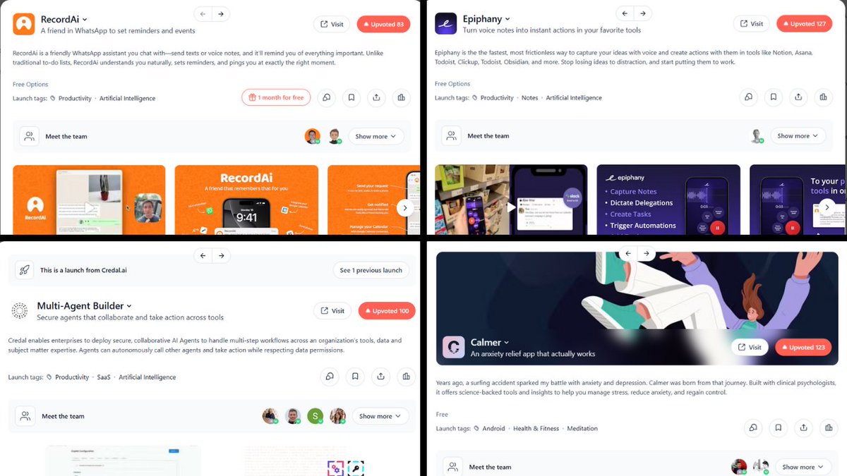 👍Best New Products Launched on Product Hunt Today - March 20, 2025

- RecordAi <a href="/JuanCereigido/">Juan Cereigido</a> 
- Epiphany <a href="/troygasnier/">Troy Gasnier</a> 
- Multi_Agent Builder <a href="/ravin_tham/">Ravin Thambapillai</a> 
- Calmer <a href="/lauriswat/">Lauris</a> 

I’ve upvoted them—now it’s your turn if you love exploring cool tech!
#Productivity #AI #Health